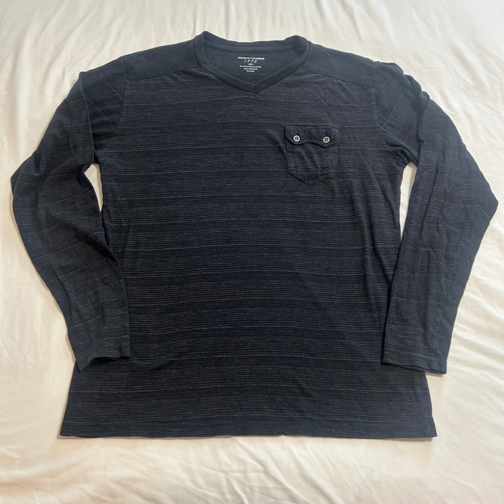 1775 Mens Long Sleeve V-Neck Shirt Charcoal Grey Space Dye Pocket Top Large